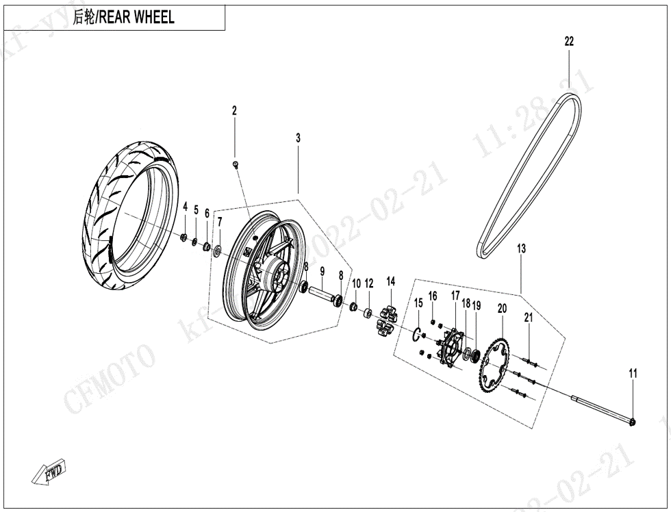 vue éclatée rear wheel - cfmoto cf450 nk 2023