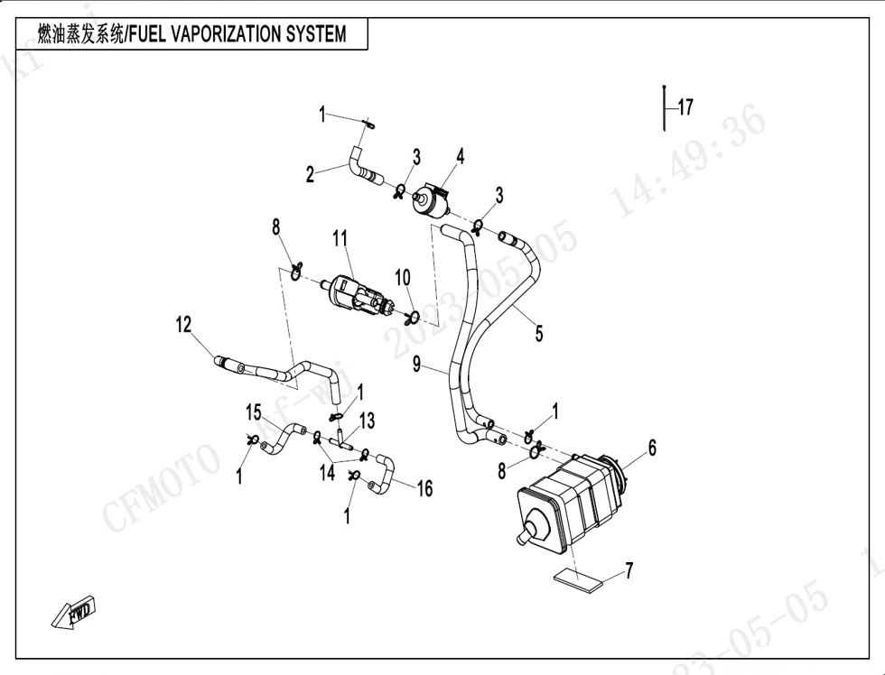 vue éclatée fuel vaporization system - cfmoto cf450 nk 2023