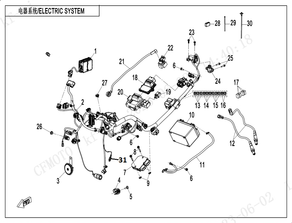 vue éclatée electric system - cfmoto cf450 nk 2023