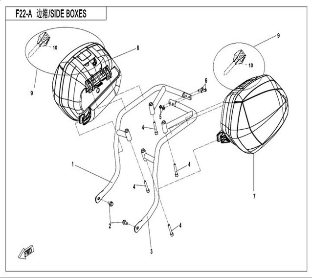 vue éclatée side box bracket - cfmoto cf700 mt 2024