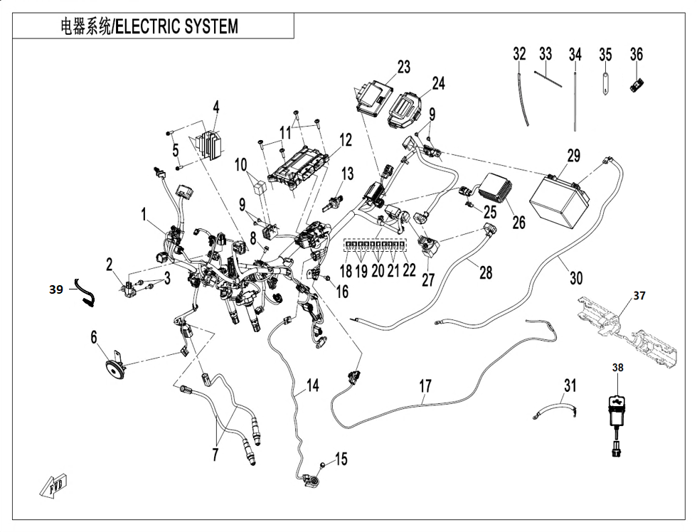vue éclatée electric system - cfmoto cf 800 nk sport euro 5+ 2025