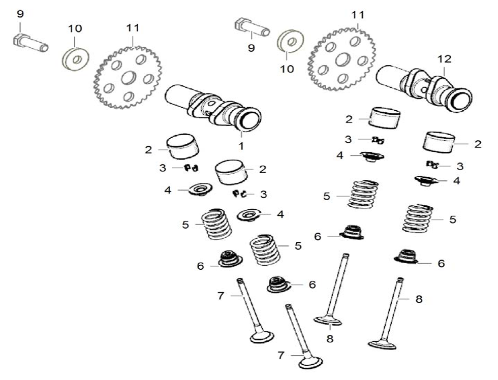vue éclatée cam shaft / valve - cfmoto cf125 nk e5+ 2025