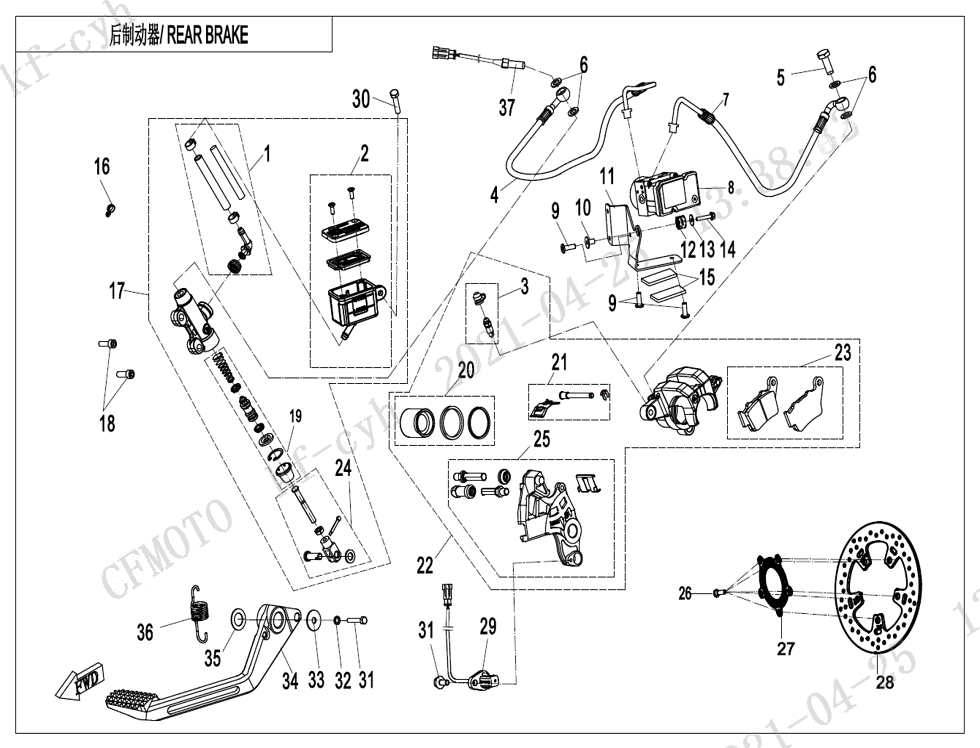 vue éclatée rear brake abs - cfmoto cf650 nk a2 euro v facelift 2021