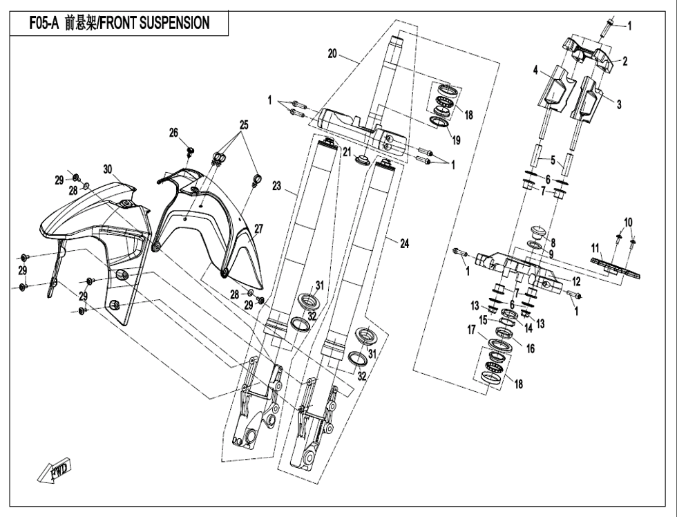 vue éclatée front suspension - cfmoto cf650mt a2 euro 5 avec valises 2022