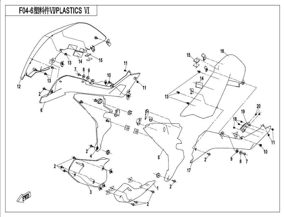 vue éclatée plastics 6 - cfmoto cf650mt a2 euro 5 avec valises 2022