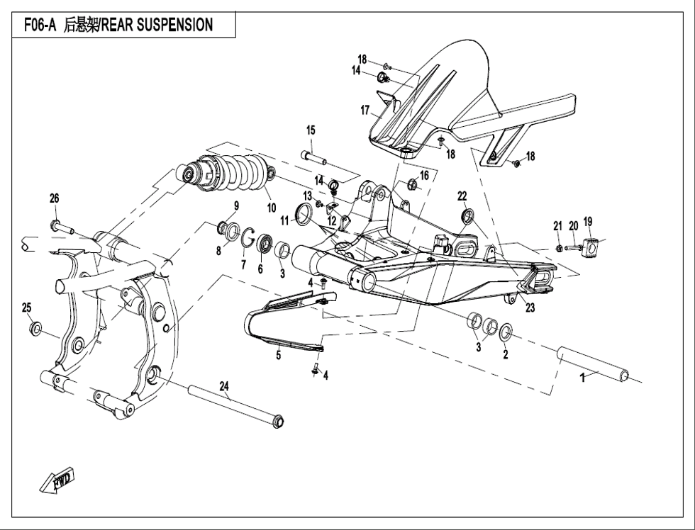 vue éclatée rear suspension - cfmoto cf650mt a2 euro 5 avec valises 2022