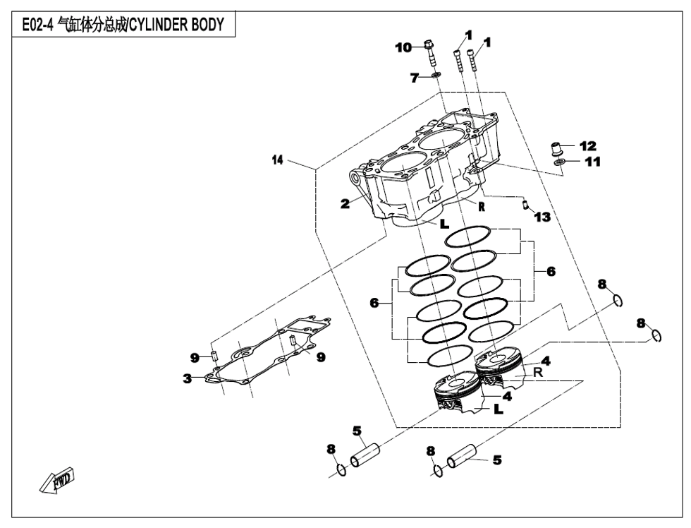 vue éclatée cylinder body - cfmoto cf650mt a2 euro 5 avec valises 2022