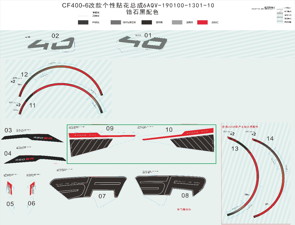 vue éclatée decal kits zircon black - cfmoto cf 450 sr tc euro 5+ 2025