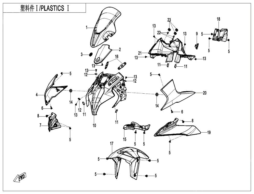 vue éclatée plastics 1 - cfmoto cf 450 sr tc euro 5+ 2025
