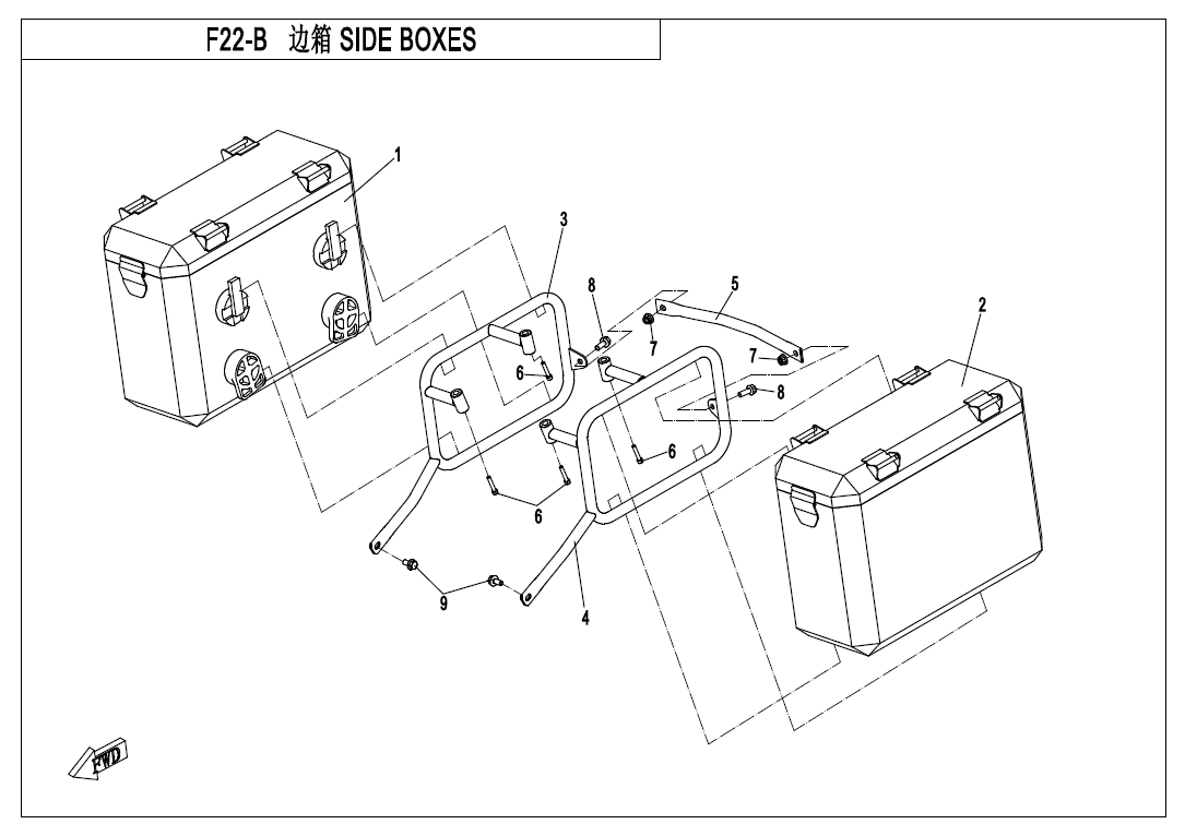 vue éclatée side boxes assy aluminium alloy - cfmoto 650 mt abs with side box 2018