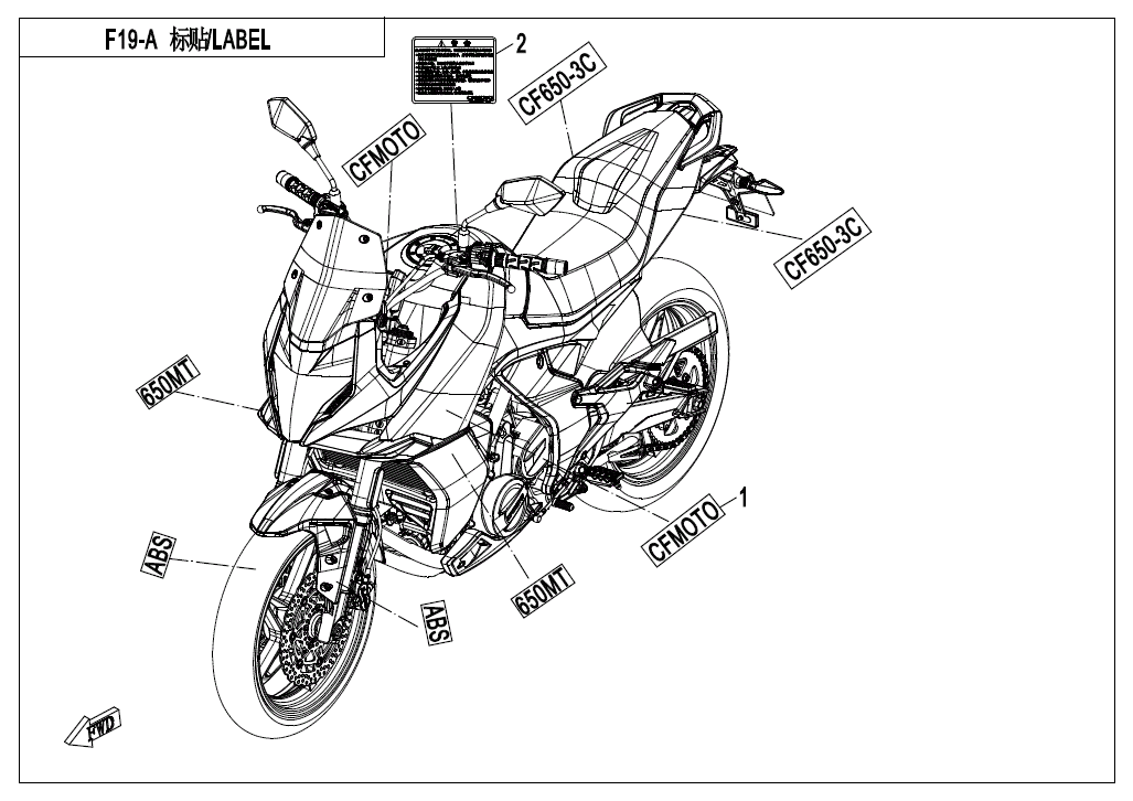 vue éclatée decal warning - cfmoto 650 mt abs with side box 2018