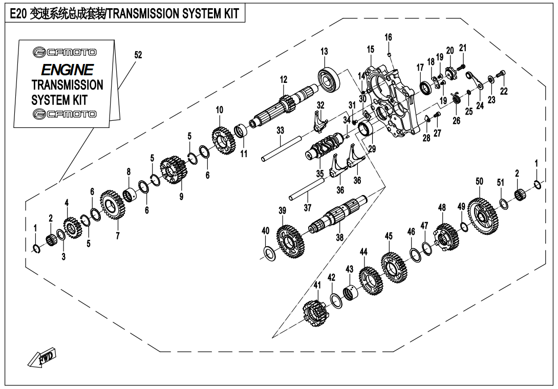 vue éclatée transmission system kit - cfmoto 650 mt abs with side box 2018