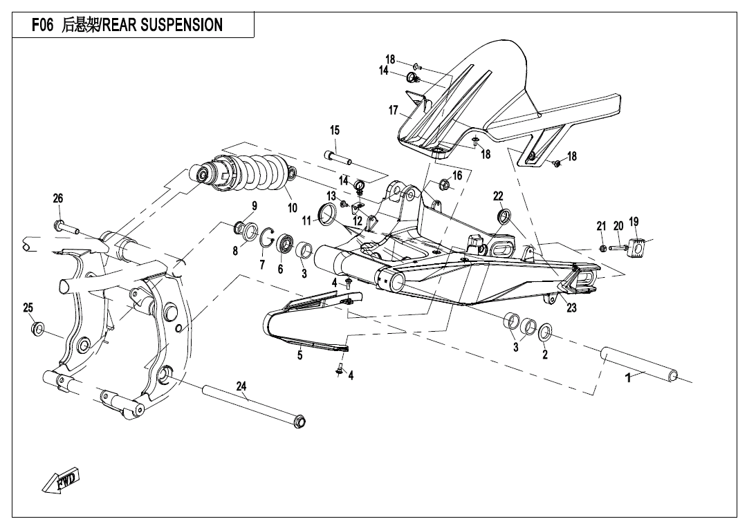vue éclatée rear suspension - cfmoto 650 mt abs with side box 2018