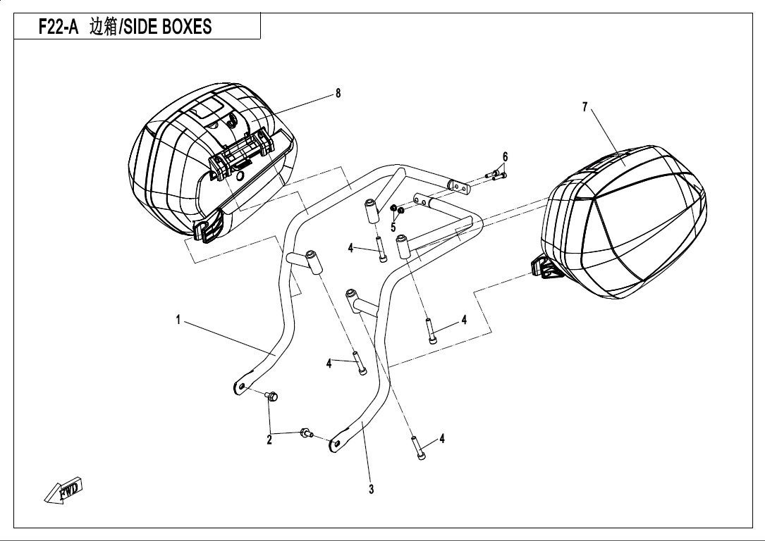 vue éclatée sideboxes plastic - cfmoto 650 mt abs with side box 2020