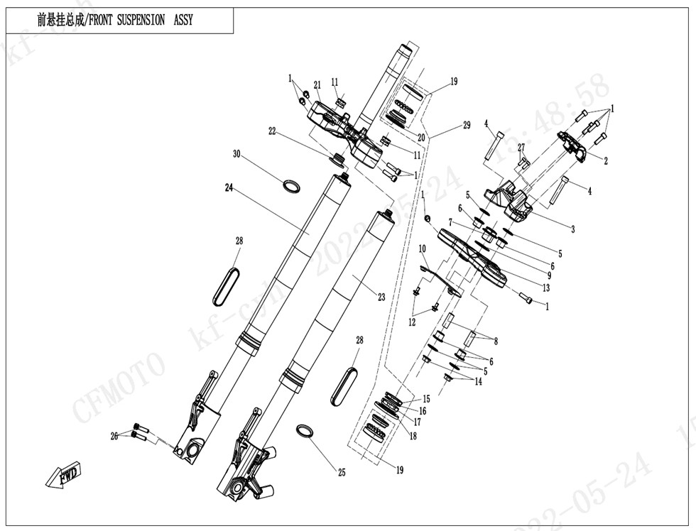 vue éclatée suspension avant - cfmoto cf700cl-x adventure euro 5 2022
