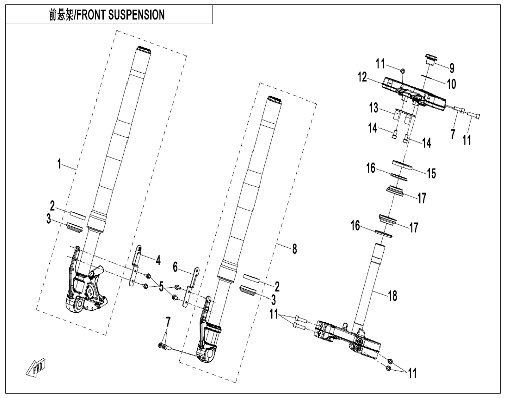 vue éclatée front suspension - cfmoto cf450sr 2026
