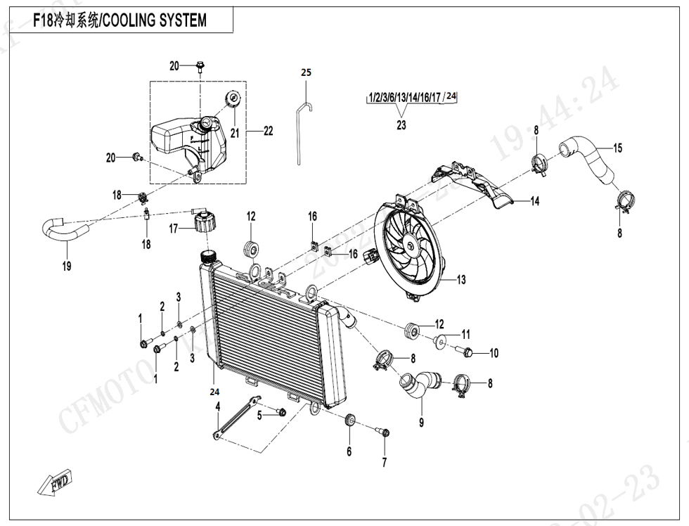 vue éclatée cooling system - cfmoto cf450 sr 2024