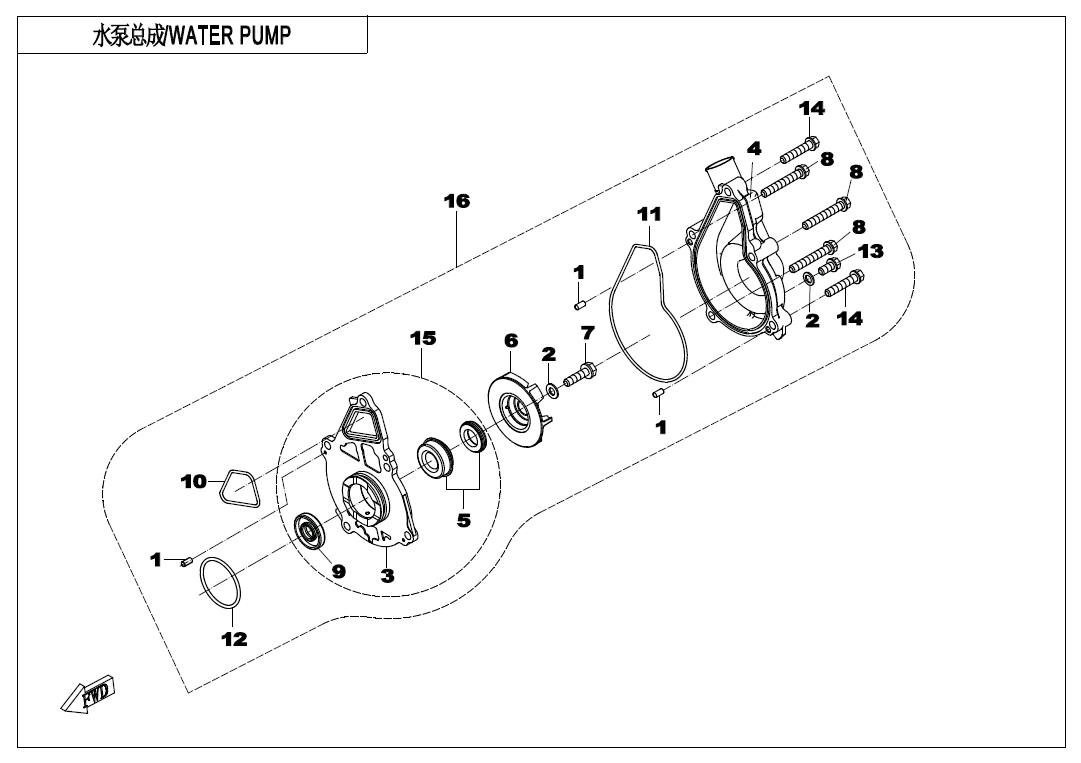 vue éclatée water pump - cfmoto 400 nk abs 2018