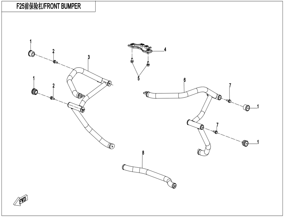 vue éclatée front bumper - cfmoto cf 800mt sport plus euro 5+ 2025