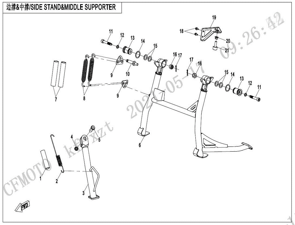 vue éclatée side stand&middle supporter - cfmoto cf 800mt desert 2023