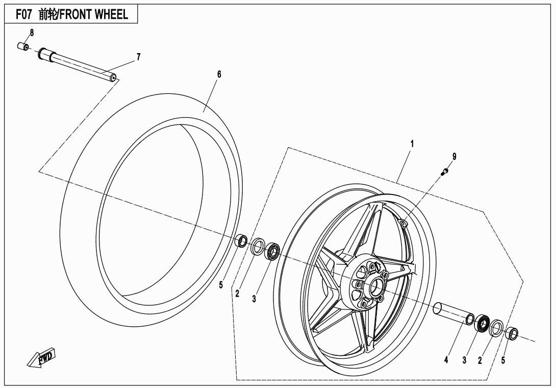 vue éclatée front wheel rim-matte black-metzeler - cfmoto cf650 gt non bridable sans valises 2020