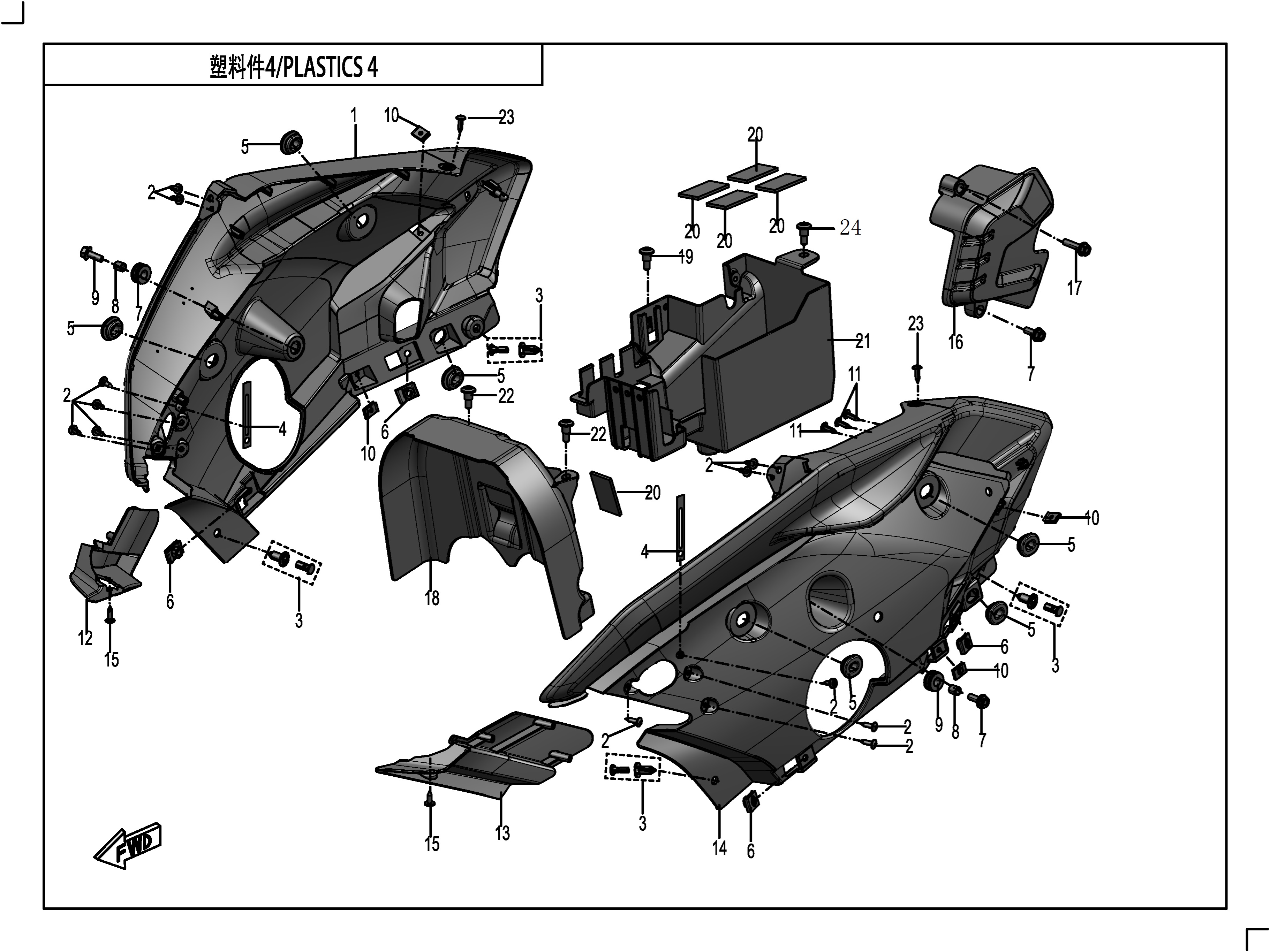 vue éclatée plastics 4 - cfmoto cf650 gt non bridable sans valises 2020