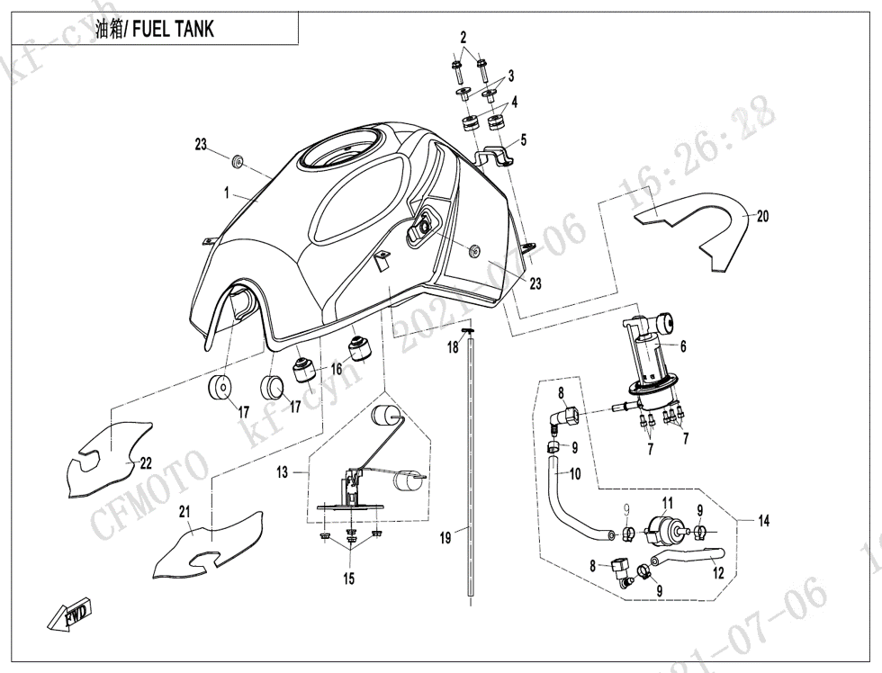 vue éclatée fuel tank - cfmoto cf650 nk a2 euro v facelift 2023