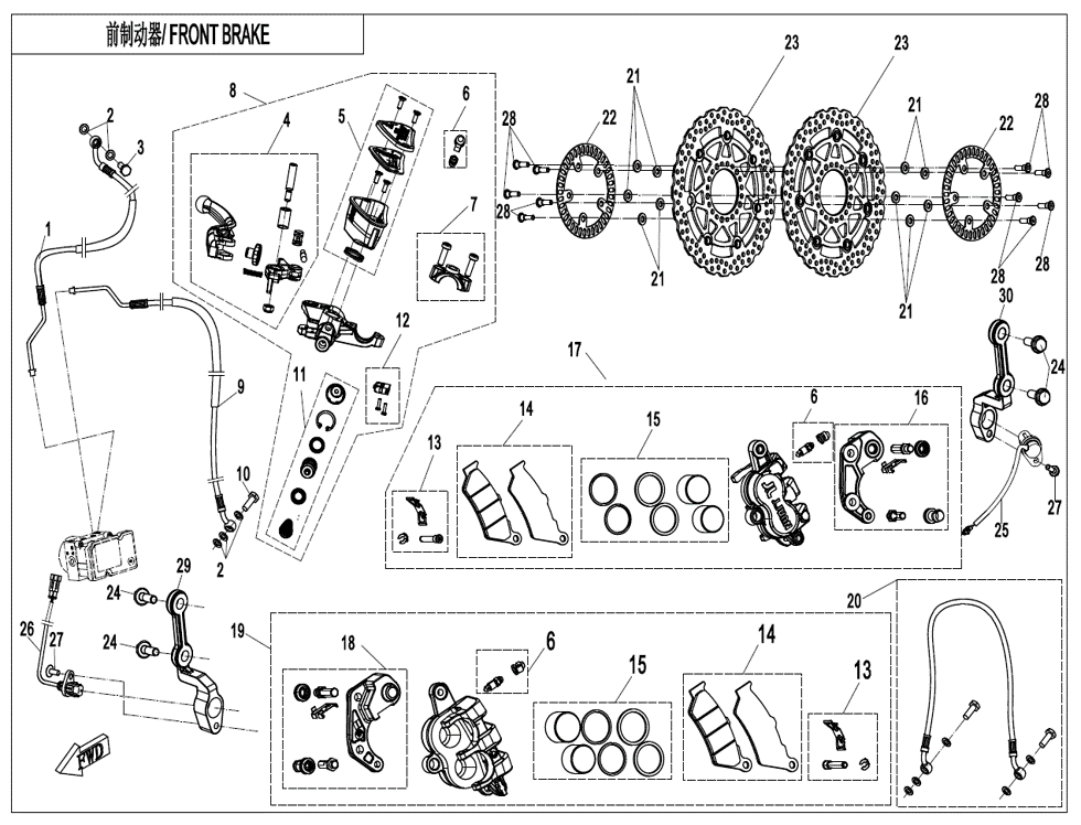 vue éclatée front brake abs - cfmoto cf650 nk a2 euro v facelift 2023