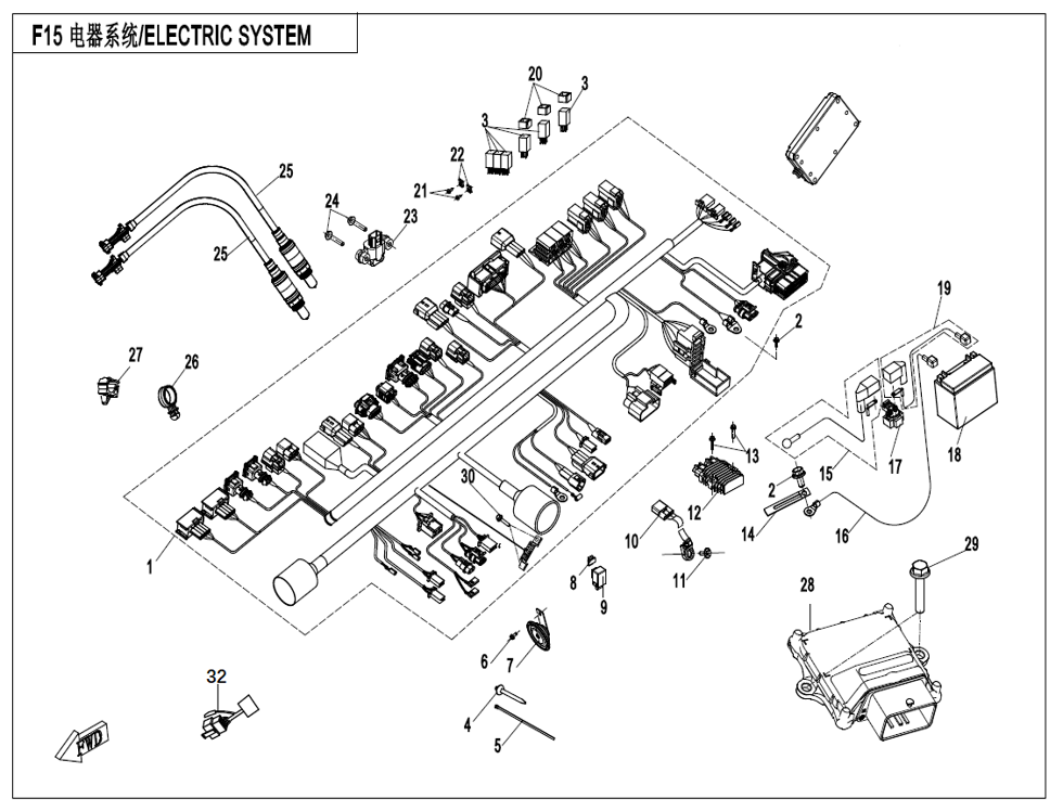 vue éclatée electric system - cfmoto cf650 nk a2 euro v facelift 2023