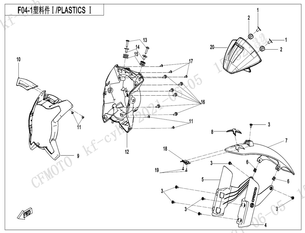 vue éclatée plastiques face avant - cfmoto cf700cl-x sport euro 5 2022