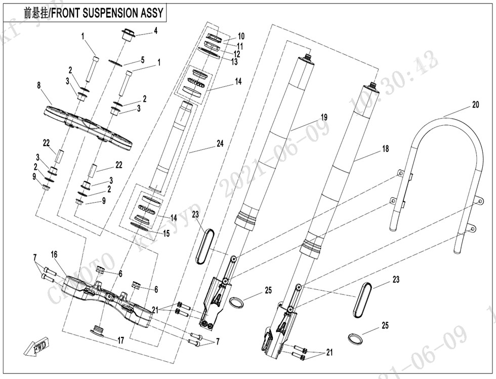 vue éclatée suspension avant - cfmoto cf700cl-x sport euro 5 2022