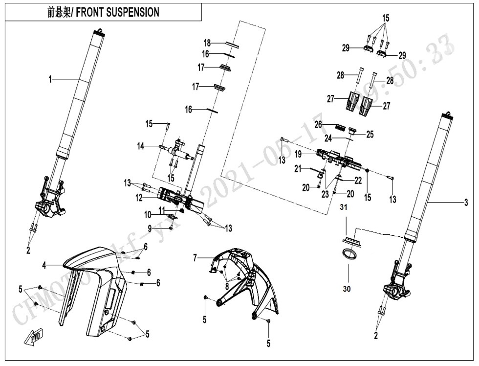 vue éclatée front suspension - cfmoto cf 800mt touring 2024