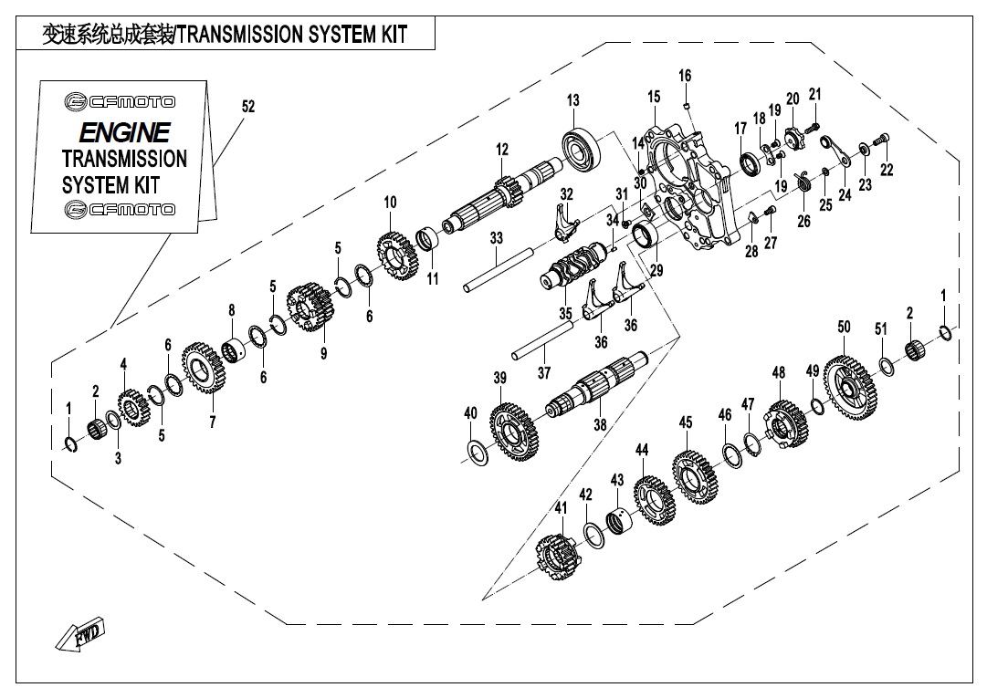 vue éclatée transmission system kit - cfmoto 400 nk facelift 2020
