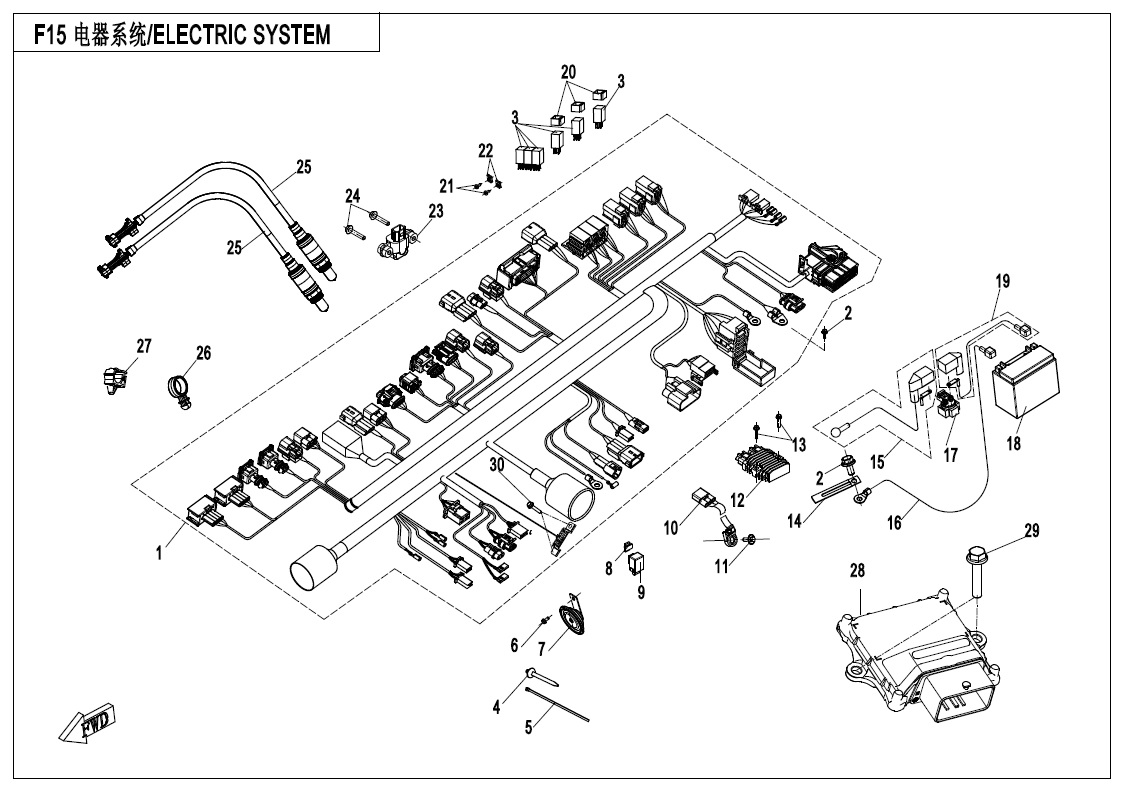 vue éclatée electric system - cfmoto 400 nk facelift 2020