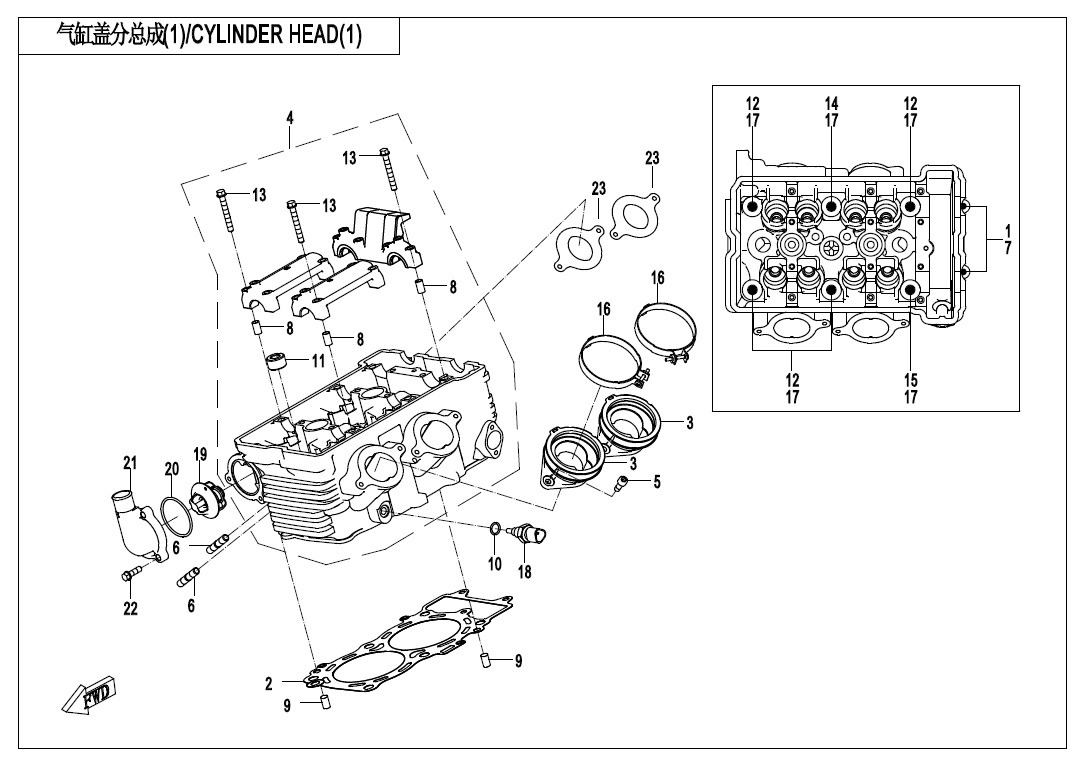 vue éclatée cylinder head 1 - cfmoto 400 nk facelift 2020