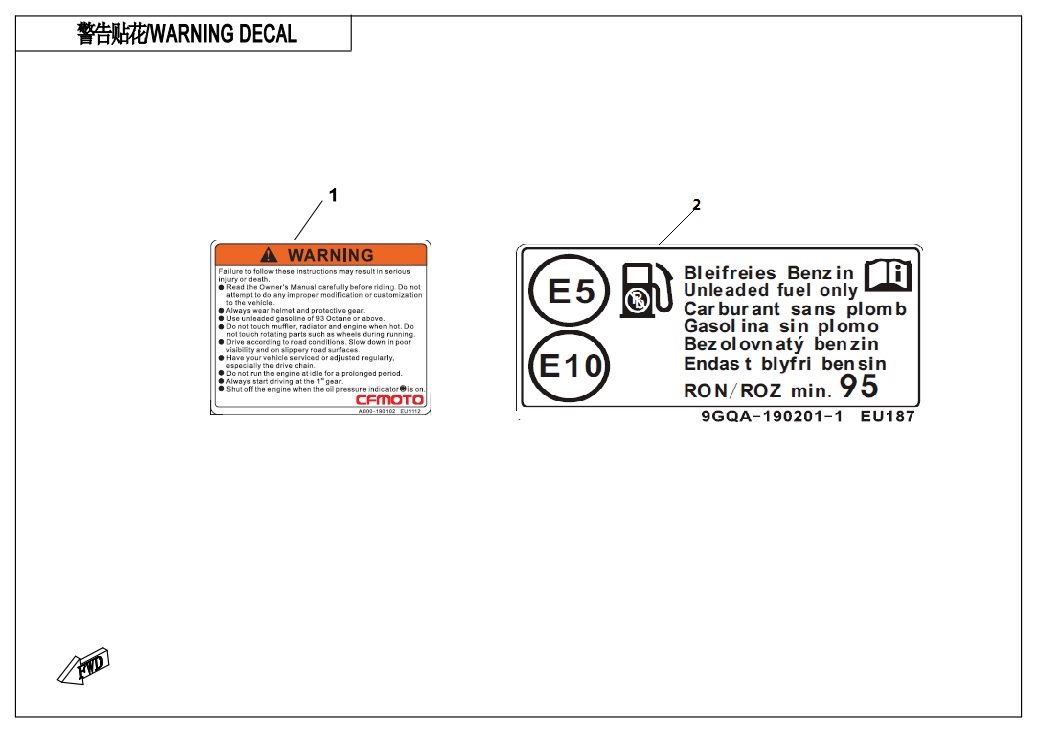 vue éclatée warning decal - cfmoto 400 nk facelift 2020