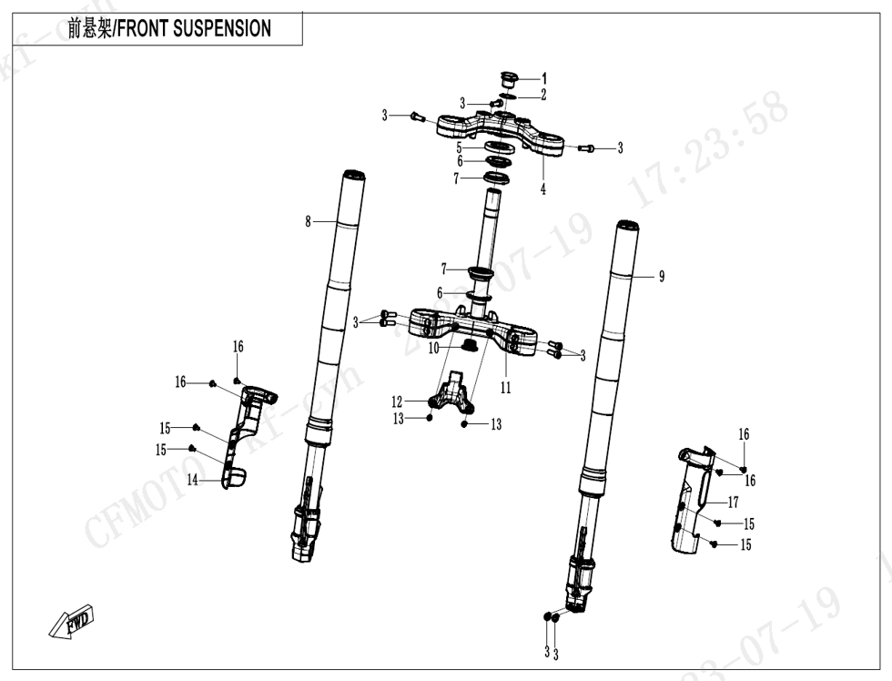 vue éclatée front suspension - cfmoto cf450clc e5+ 2025