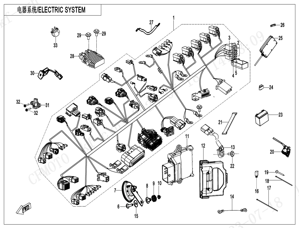 vue éclatée electric system - cfmoto cf450clc e5+ 2025