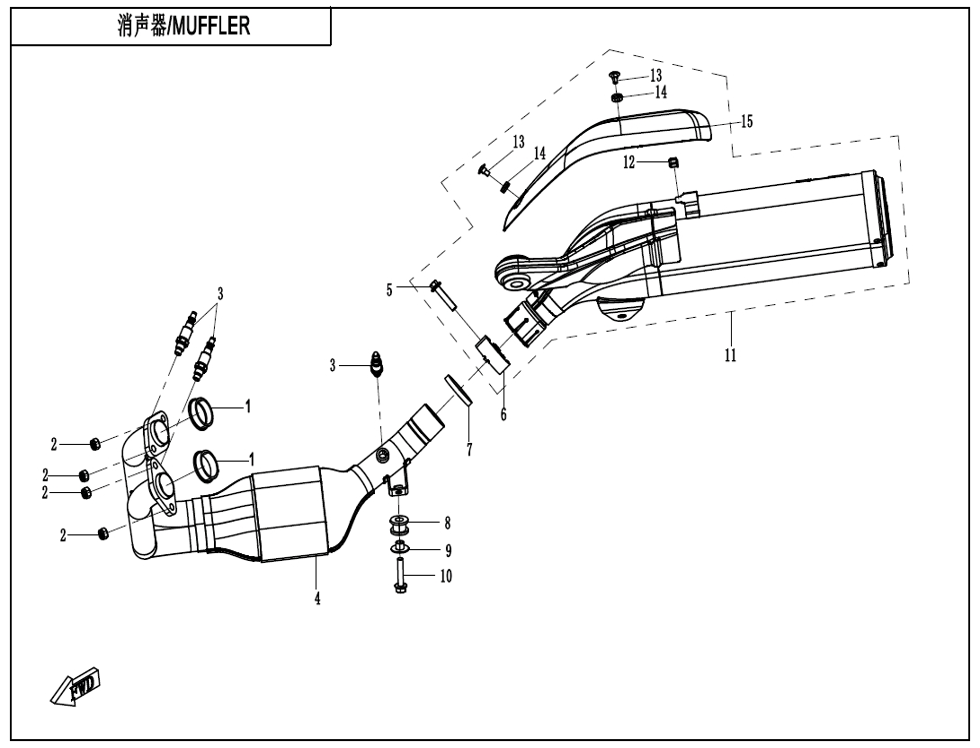 vue éclatée muffler - cfmoto cf450clc e5+ 2025