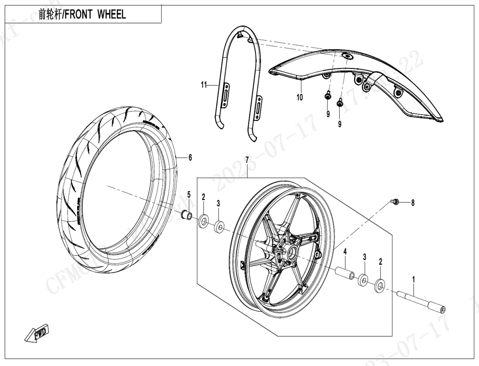 vue éclatée front wheel - cfmoto cf450clc e5+ 2025