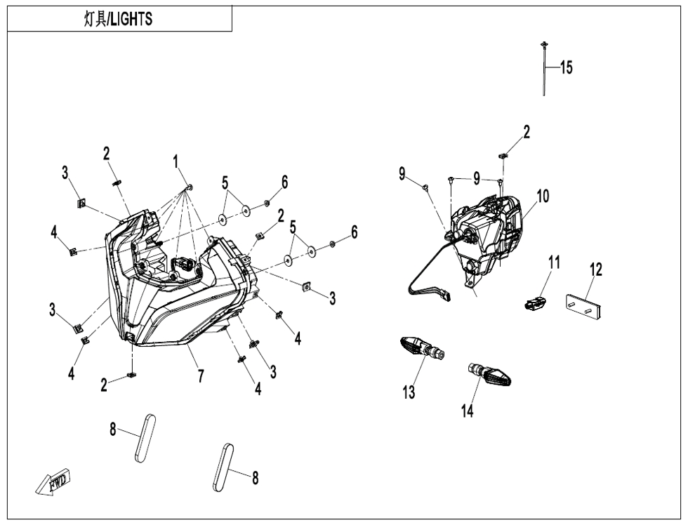 vue éclatée lights - cfmoto cf450 sr tc 2024