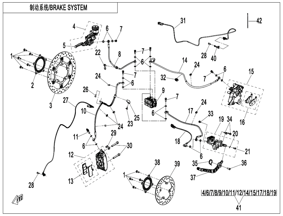 vue éclatée brake system - cfmoto cf450 sr tc 2024