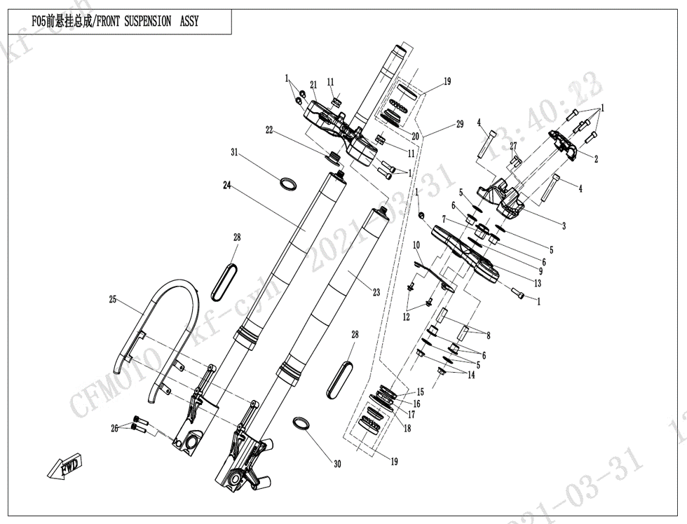 vue éclatée suspension avant - cfmoto cf700cl-x heritage euro 5 2021