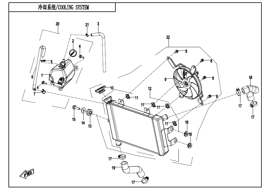 vue éclatée système de refroidissement - cfmoto cf650gt a2 euro 5 avec valises 2021