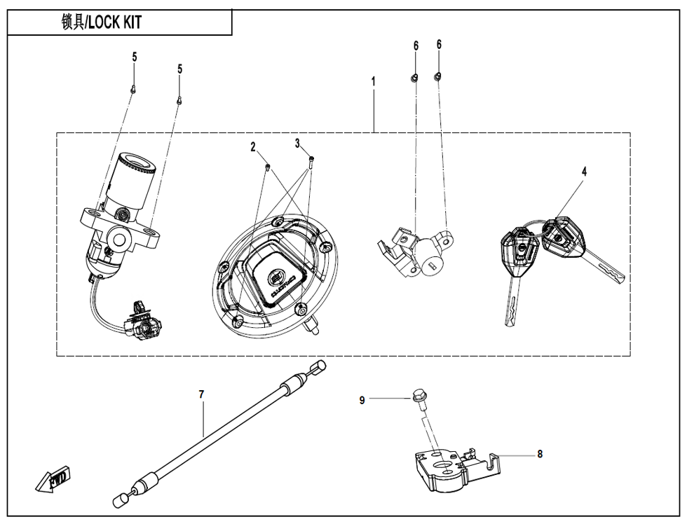 vue éclatée lock kit - cfmoto cf800 nk sport 2023