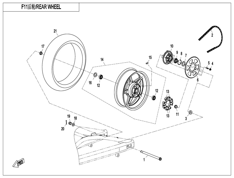 vue éclatée roue arriere - cfmoto cf700cl-x sport euro 5 2021