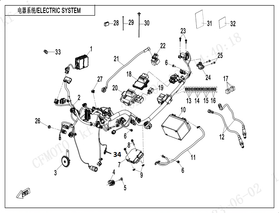 vue éclatée electric system - cfmoto cf450 nk 2024