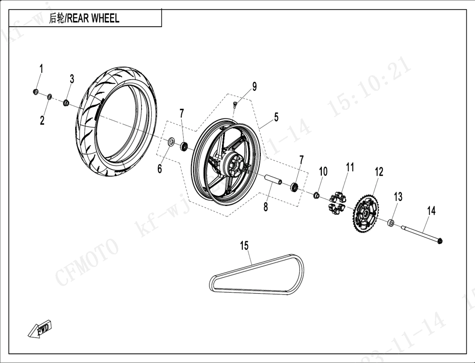vue éclatée rear wheel - cfmoto cf450 nk 2024