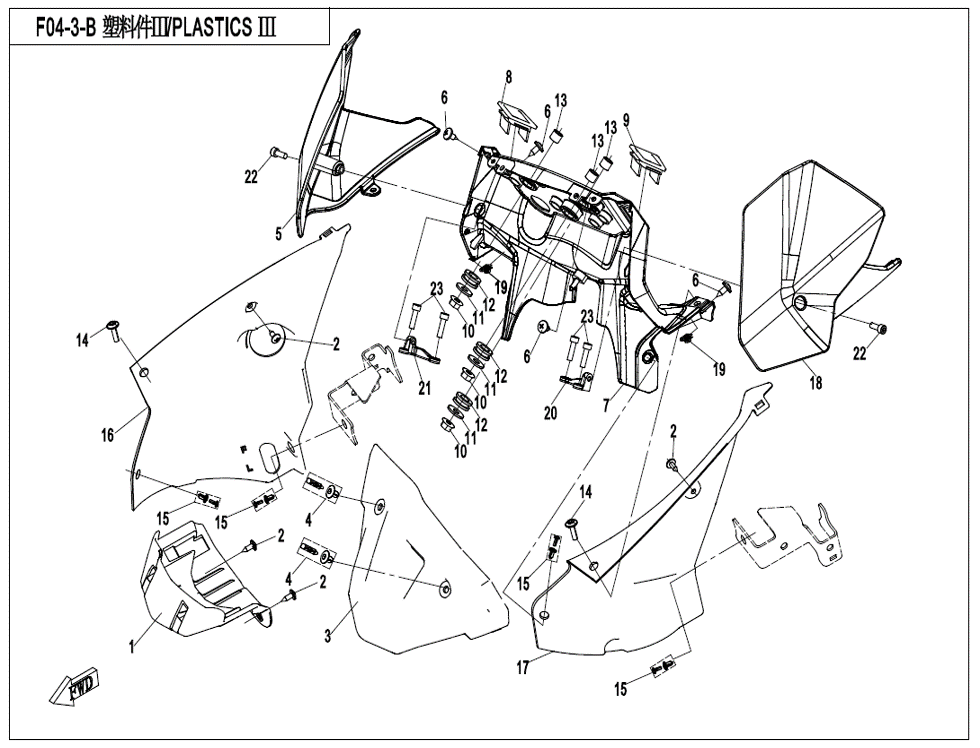 vue éclatée plastics 3 big windshield - cfmoto cf650mt a2 euro 5 avec valises 2023