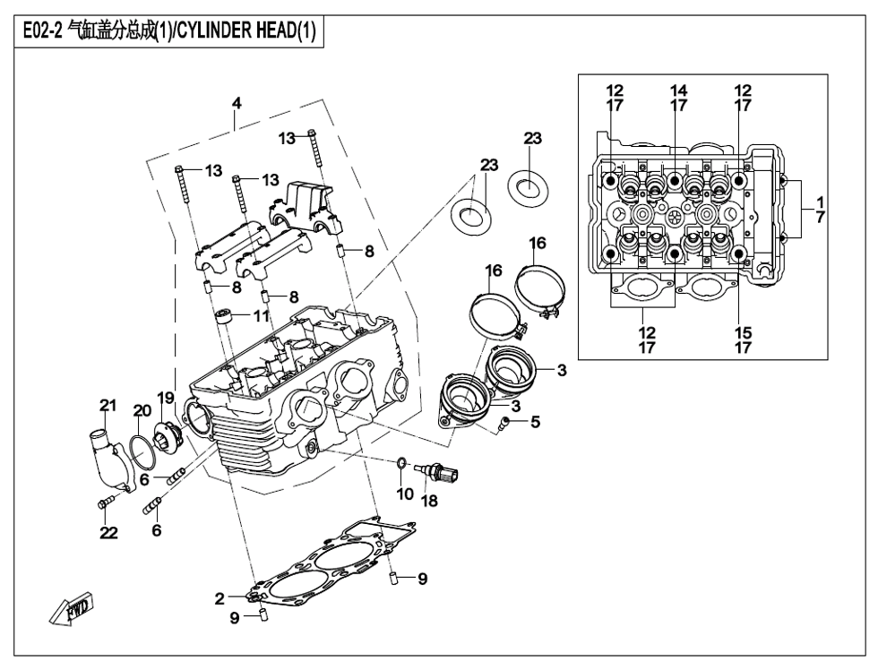 vue éclatée cylinder head 1 - cfmoto cf650mt a2 euro 5 avec valises 2023